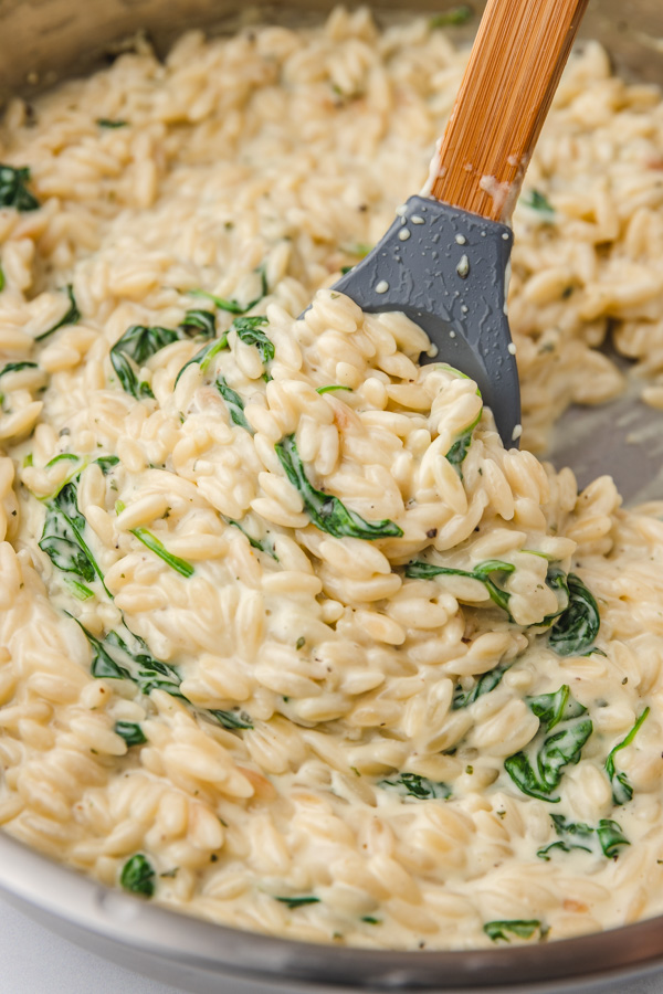 spatula pushing creamy pasta in a skillet.