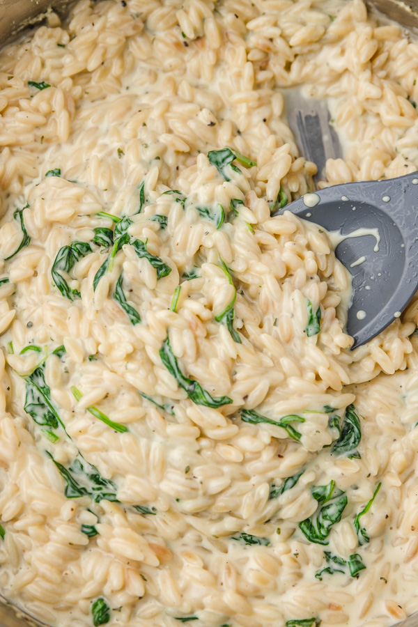 creamy orzo in a skillet.