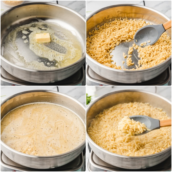 the step by step of cooking orzo with stock.