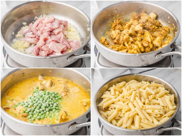 the process of making curry pasta with chicken on the stovetop in a skillet.