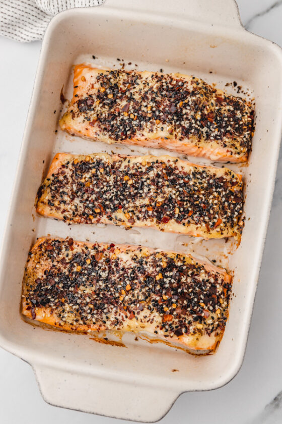 baked salmon in a baking dish.