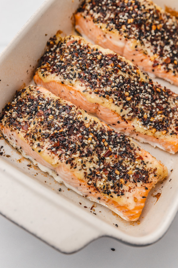 Baked furikake salmon in a baking dish.