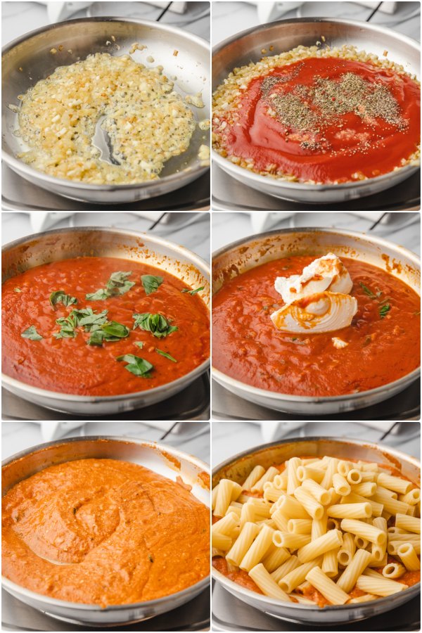 the process of making creamy tomato ricotta pasta.