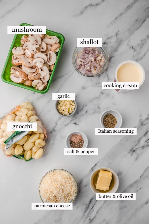 ingredients to make mushroom gnocchi on a counter top.