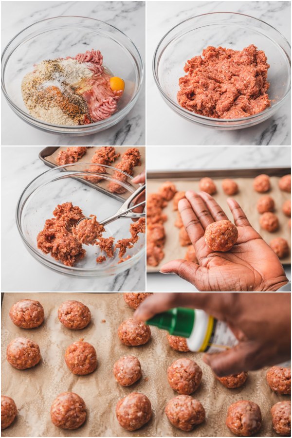 the process of making ground pork meatballs.