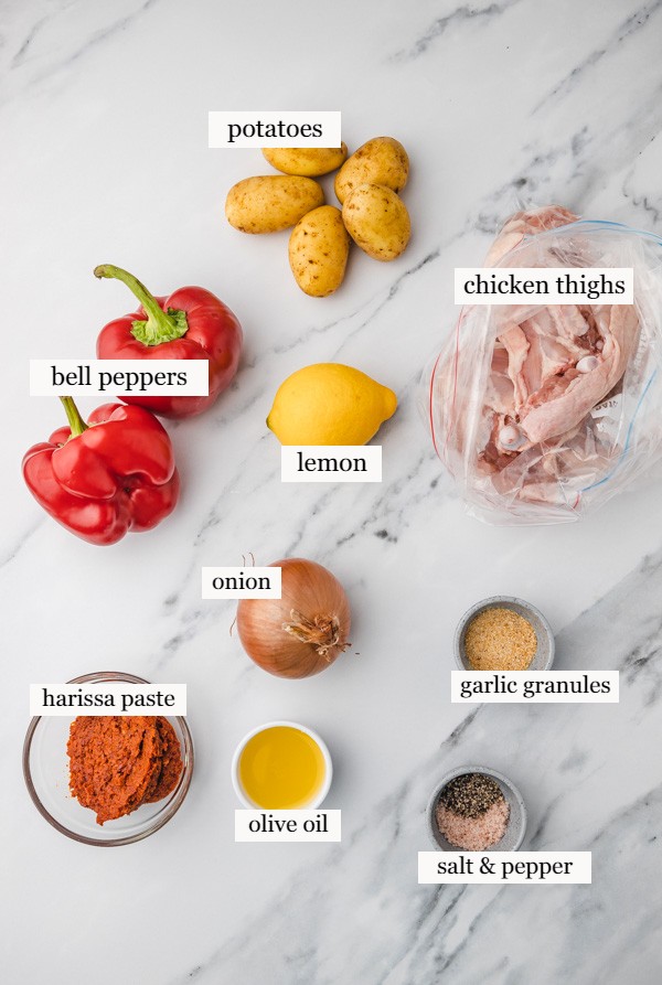 ingredients to make chicken and potato traybake.