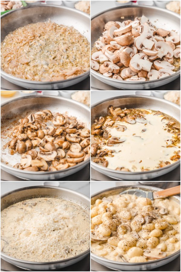 the process of making creamy gnocchi with mushroom.
