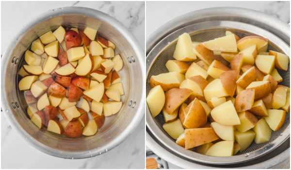 the process of boiling red cubed potatoes.