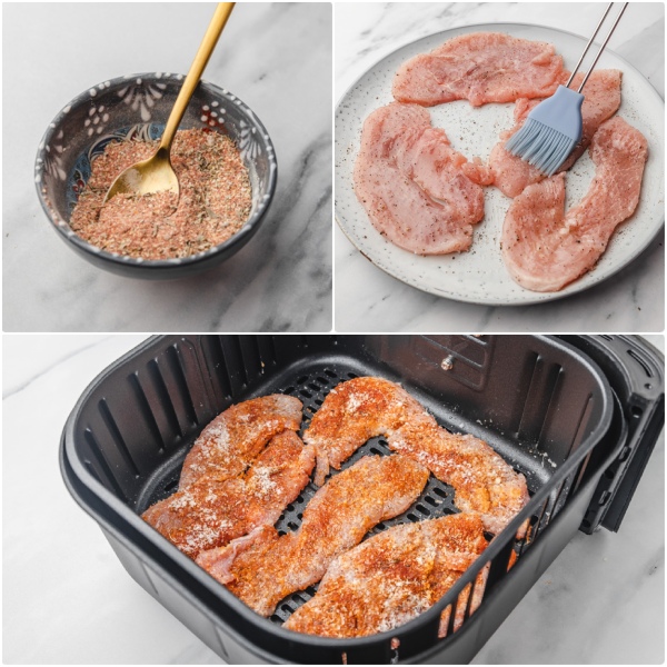 the process of cooking turkey steaks in an air fryer.