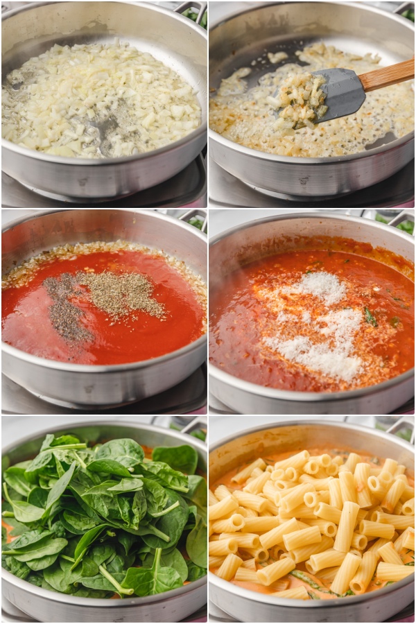 the process of making creamy tomato spinach pasta.