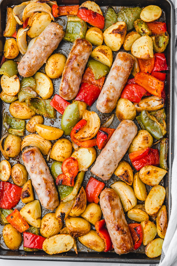 a tray bake of sausage and potatoes.