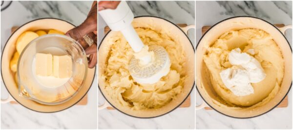the process of making mashed potatoes in a dutch oven pot.