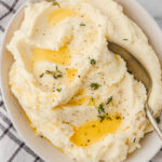 bowl of ricotta mashed potatoes placed on a napkin.