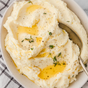 bowl of ricotta mashed potatoes placed on a napkin.