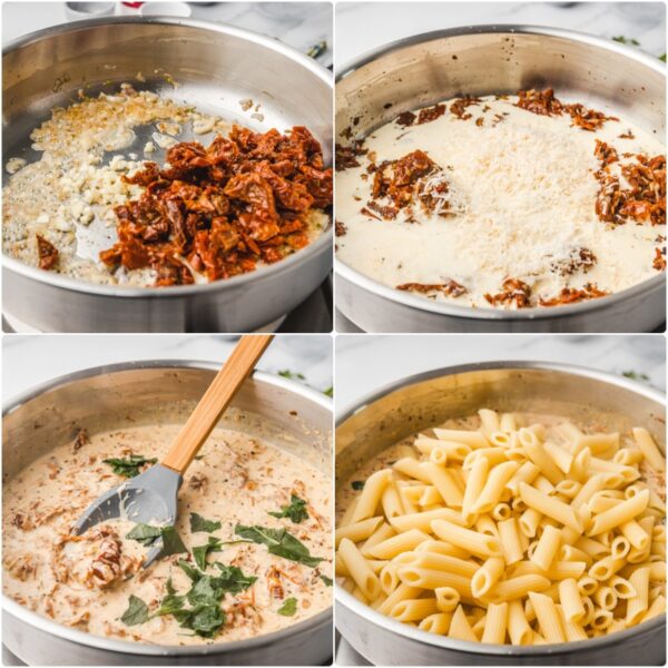 the process of cooking creamy sundried tomato pasta. 