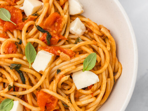 a bowl of tomato basil pasta with cubed mozzarella cheese.