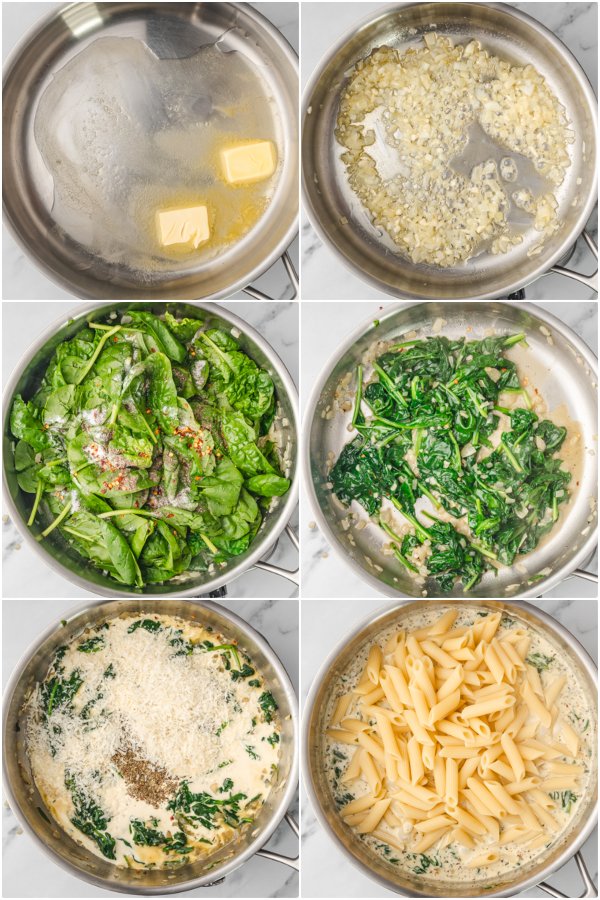 the process of making creamy spinach pasta.