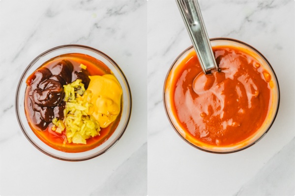 the process of mixing sauce  in a bowl with a whisk.