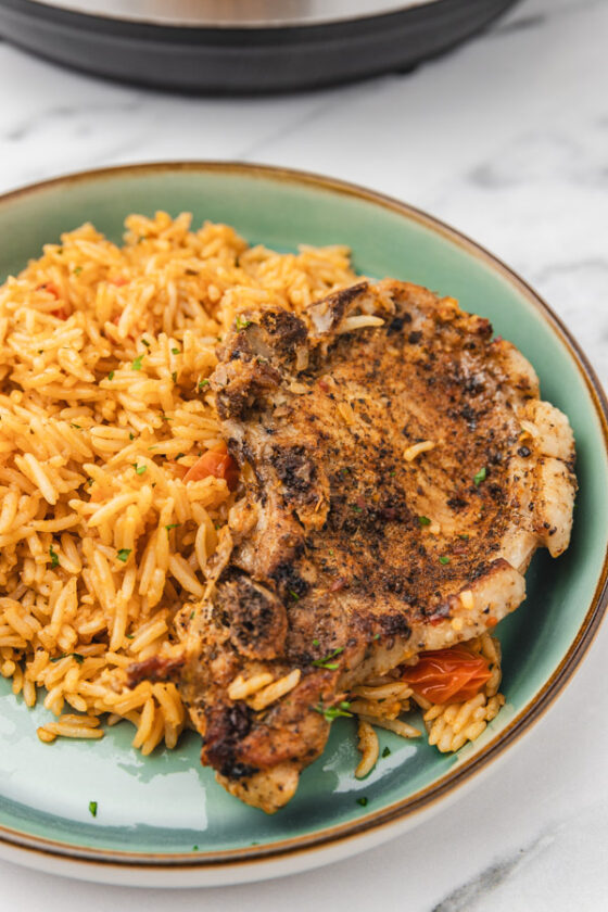 a plate of pork chops and tomato rice.