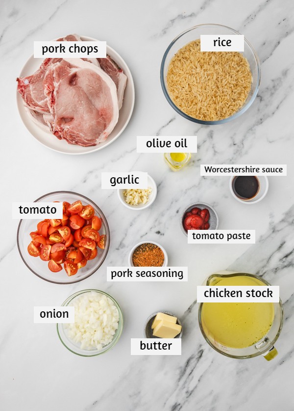 the ingredients needed to make instant pot rice and pork chops.