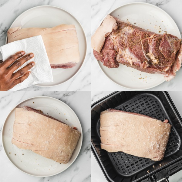 the process of making pork roast in the air fryer.