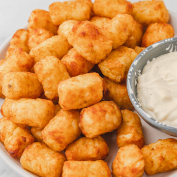 tater tots in a bowl with dipping sauce.