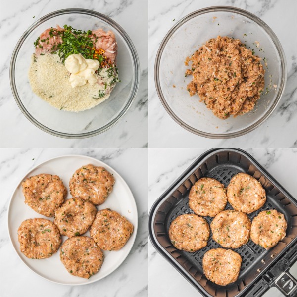 the step by step process of making chicken patties in the air fryer.