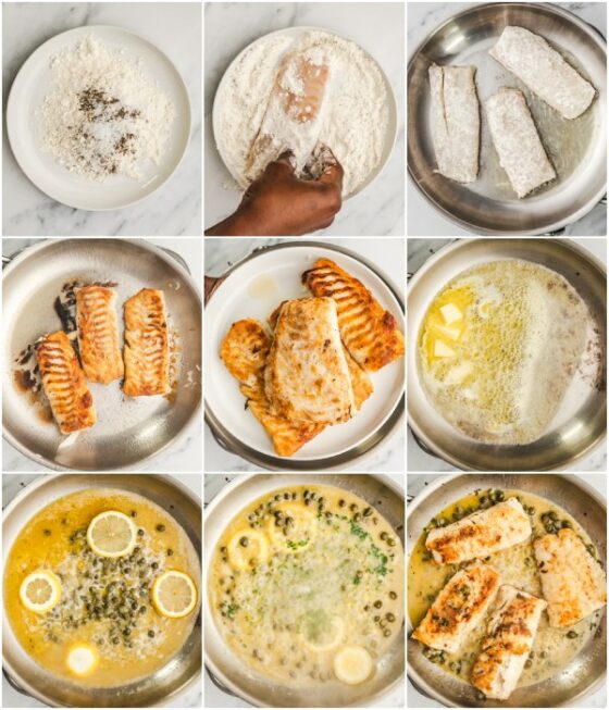 the process of cooking codfish piccata.