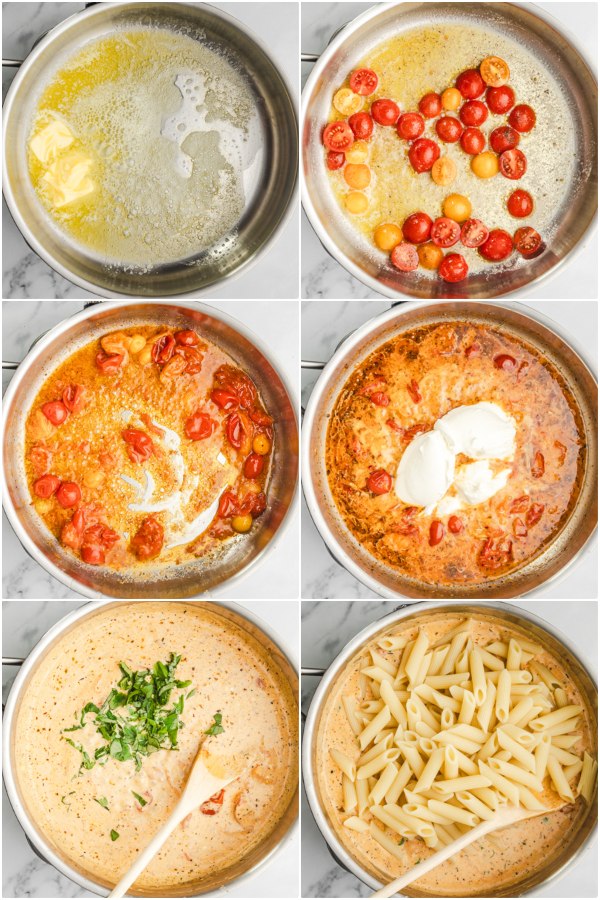 the process of making creamy mascarpone pasta.