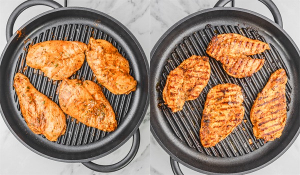 the process of cooking chicken breast pieces in a griddle pan.