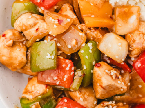 chicken and pepper stir fry with rice.