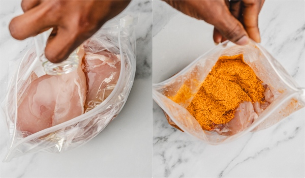 the process of coating shake and bake seasoning on chicken breasts in a ziploc.