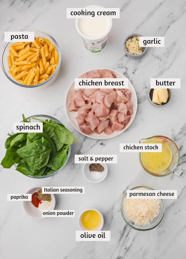 ingredients to make garlic chicken pasta laid on a white marble surface.