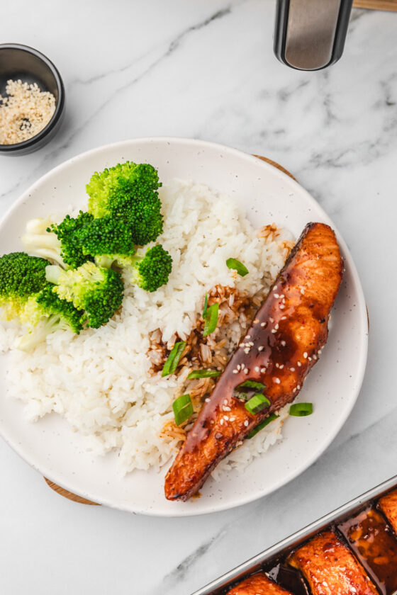 a plate of rice, salmon and broccoli. 