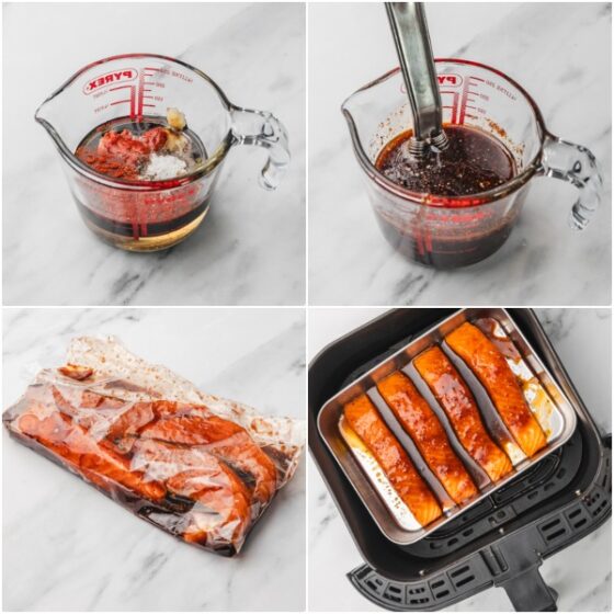 the process of cooking marinated salmon in the air fryer