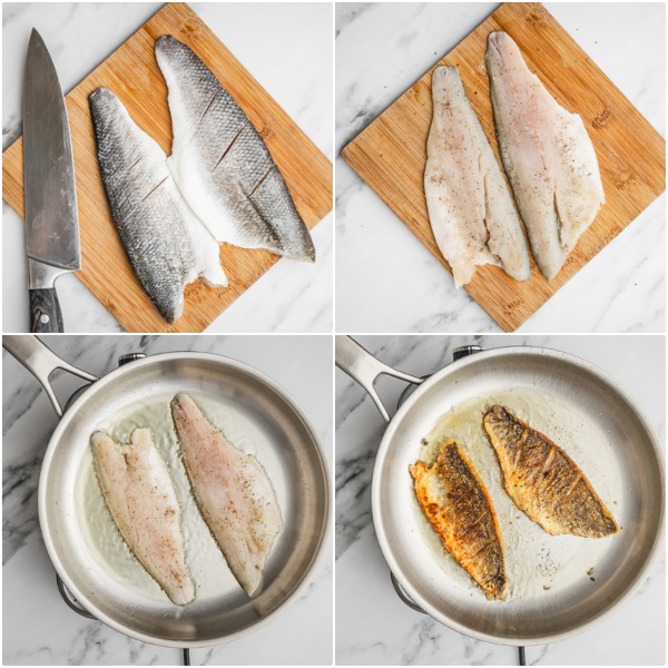 the step by step process of cooking sea bass on the stove in a skillet.