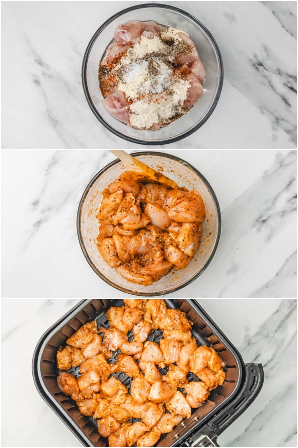 the step by step process of cooking chicken bites in the air fryer.