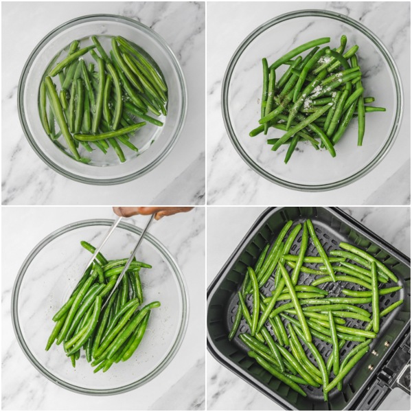 the step by step process of cooking green beans in air fryer basket.