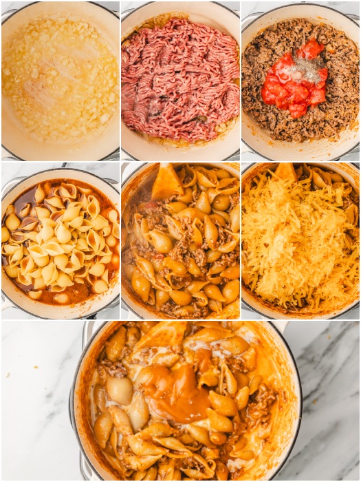 the step by step process of cooking one pot cheeseburger pasta.