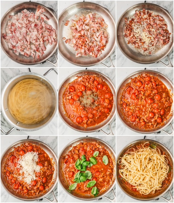 the step by step process of how to make bacon tomato pasta.