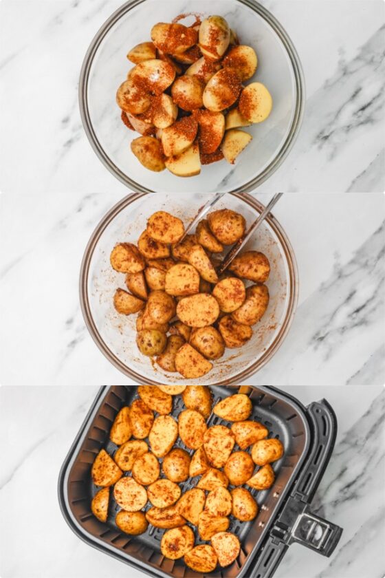 the step by step of cooking potatoes in the air fryer.