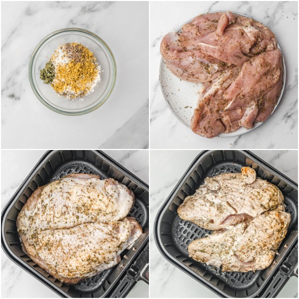 the step by step process of cooking turkey breast in the air fryer.