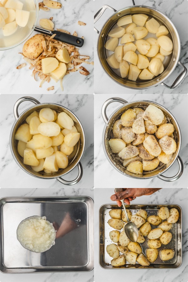 the step by step process of making making duck fat potatoes.