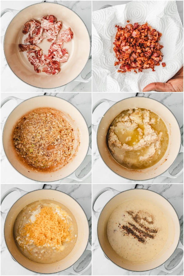 the step by step of making soup with leftover mashed potatoes.