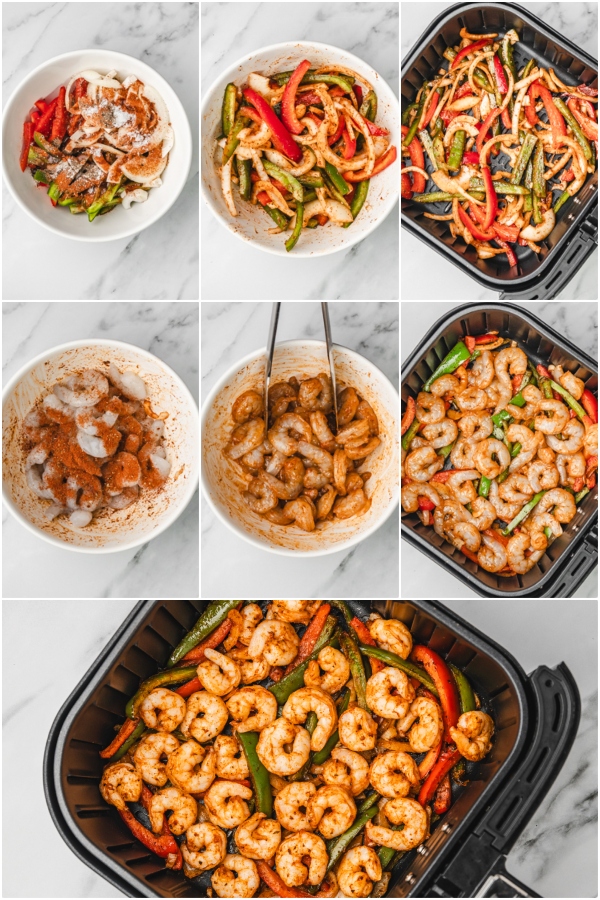 the step by step process of making shrimp fajitas in the air fryer.