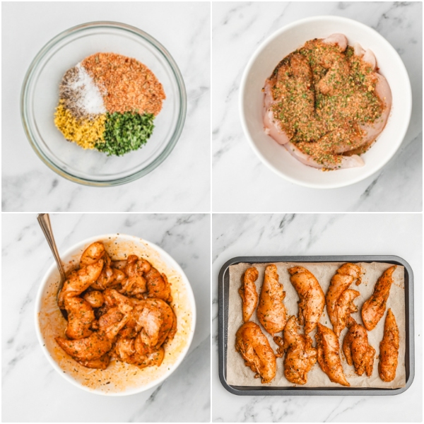 the step by step process of seasoning and baking chicken tenders.