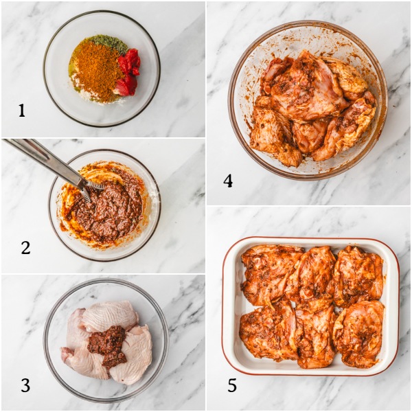 the step by step process of making old bay chicken thighs. 