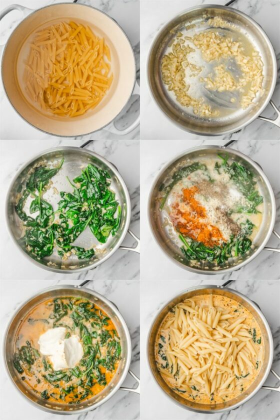 the step by step process of making sour cream pasta.