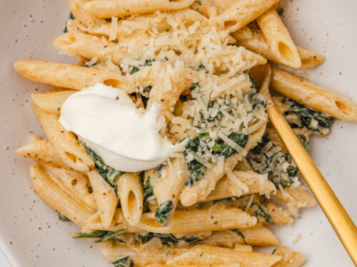 a bowl of penne pasta garnished with a dollop of sour cream and grated parmesan cheese.