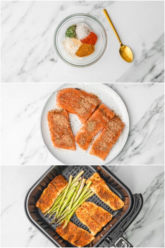 the step by step illustration of how to cook salmon and asparagus in an air fryer.